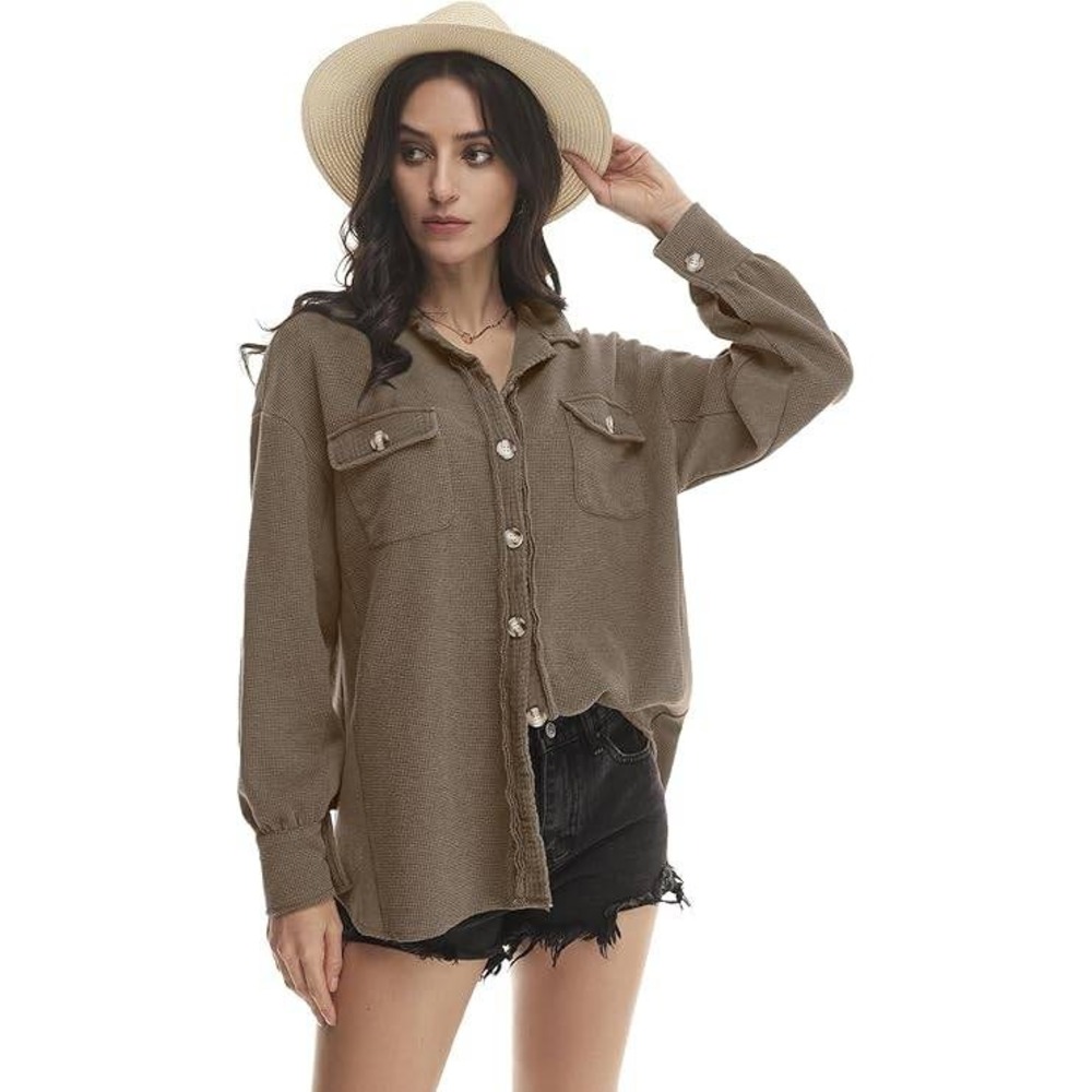 Womens Lightweight Waffle Knit‎ Shacket Brown Oversized Button Down XL NWT